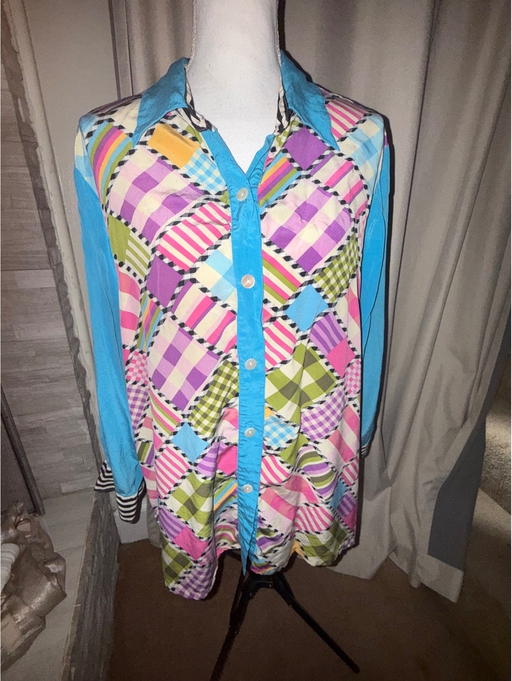 KOOS Van Den Akker Colorful Patchwork Button-Up Blouse – Fits Large